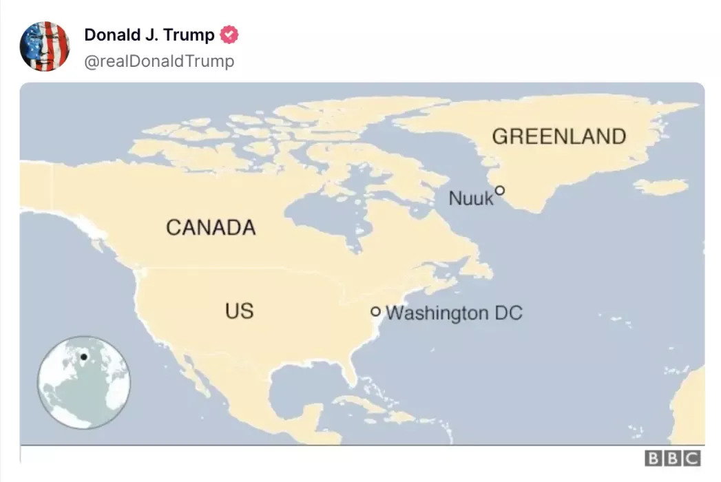 特朗普发了张“新地图” 美加和格陵兰岛均用统一颜色