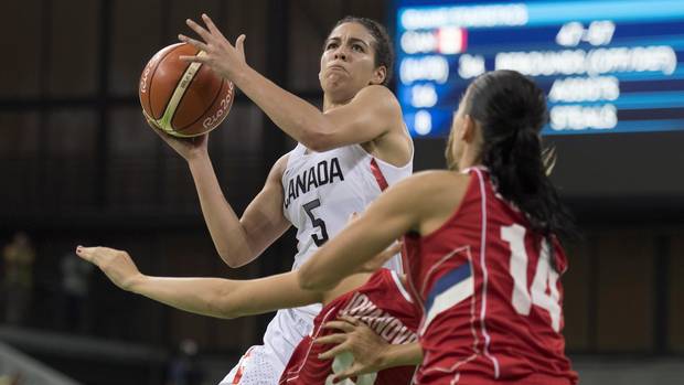 Canada's Kia Nurse drives through Serbia's Nevena Jovanovic and Ana Dabovic on her way to the hoop during their preliminary round basketball match at the 2016 Summer Olympics on August 8, 2016 in Rio de Janeiro, Brazil. (Frank Gunn/THE CANADIAN PRESS)