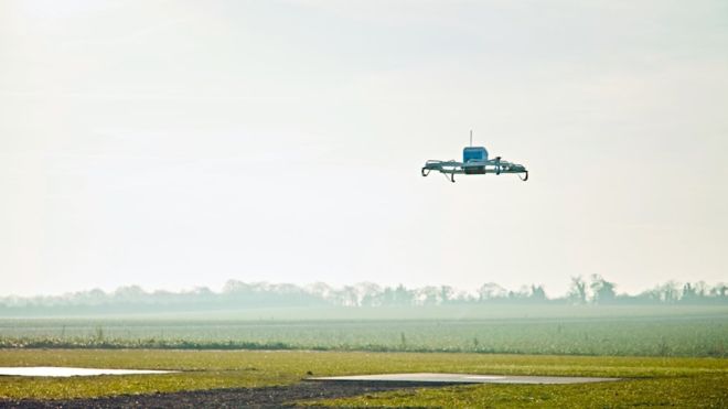 Amazon drone flying in the sky