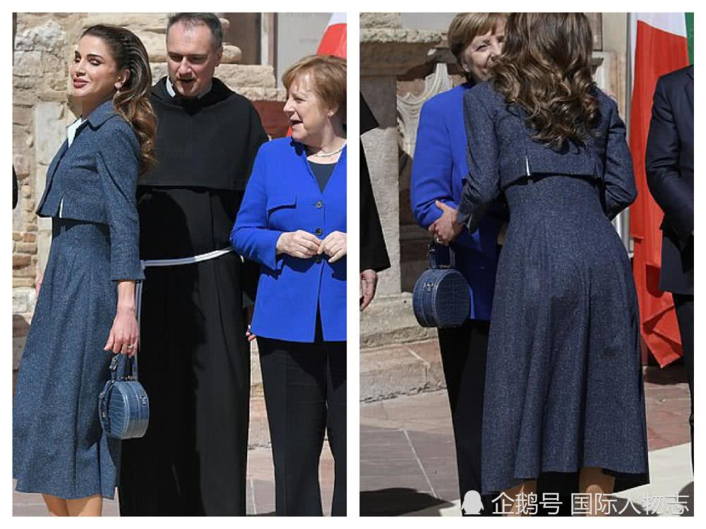 默克尔给约旦国王颁人权奖，约旦王后着套装优雅美丽抢了丈夫风头