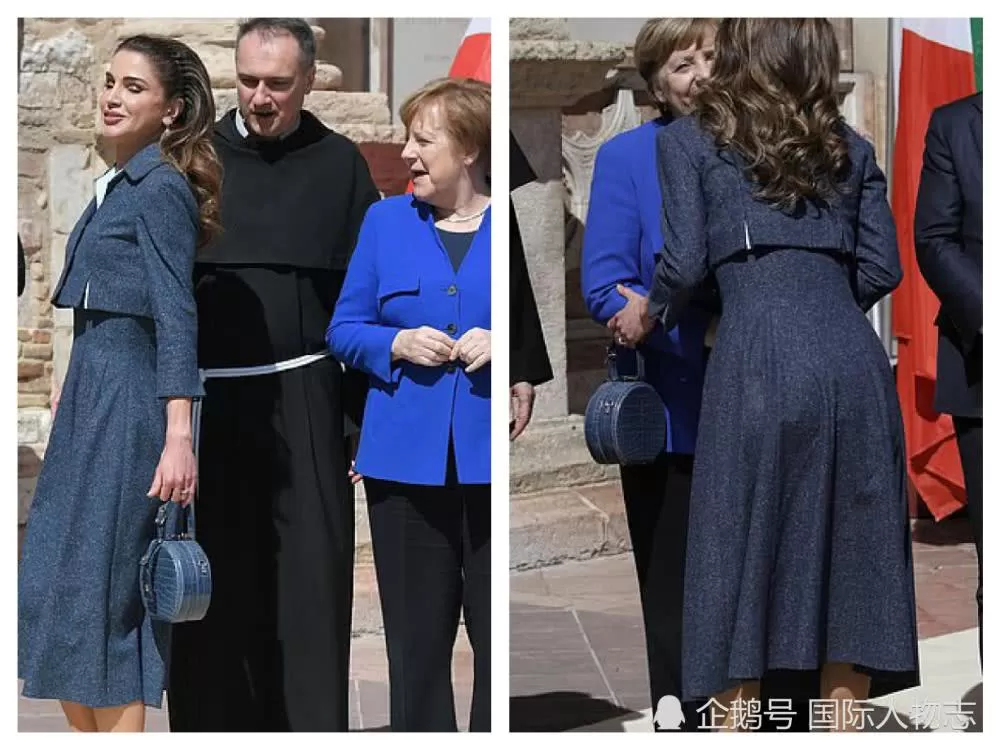 默克尔给约旦国王颁人权奖，约旦王后着套装优雅美丽抢了丈夫风头
