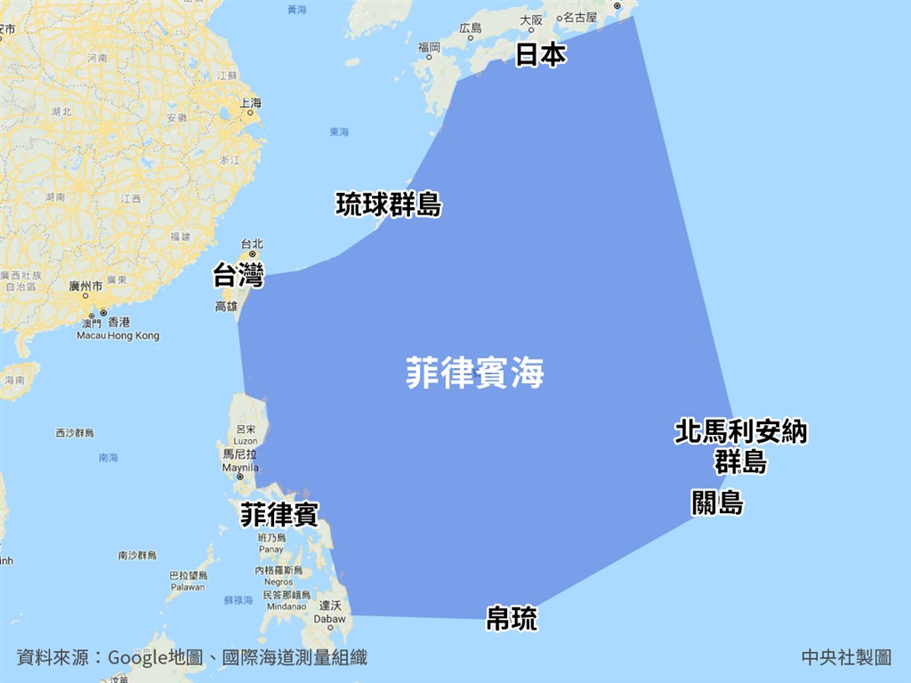 根據國際海道測量組織(IHO),菲律賓海東起北馬利安納群島,西鄰東海、南海,北起日本本洲南岸,南至帛琉。(中央社製圖)