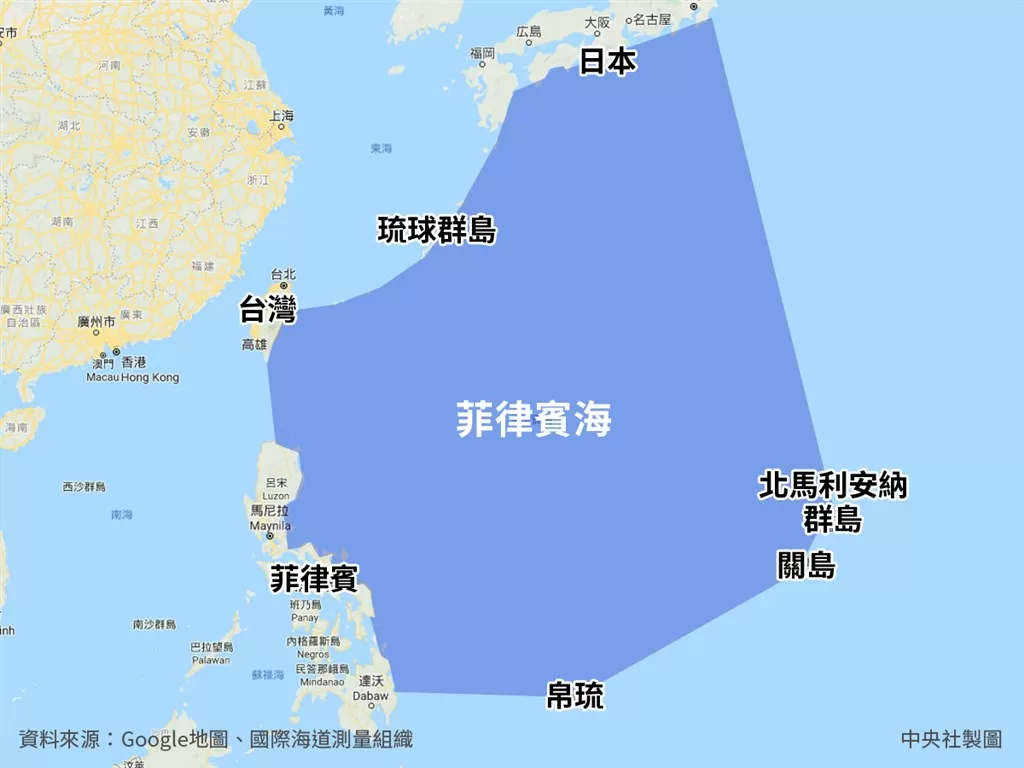 根據國際海道測量組織(IHO),菲律賓海東起北馬利安納群島,西鄰東海、南海,北起日本本洲南岸,南至帛琉。(中央社製圖)