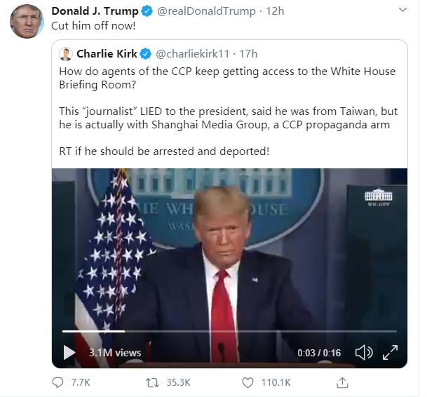 特朗普本人转发支持迫害中国台湾记者