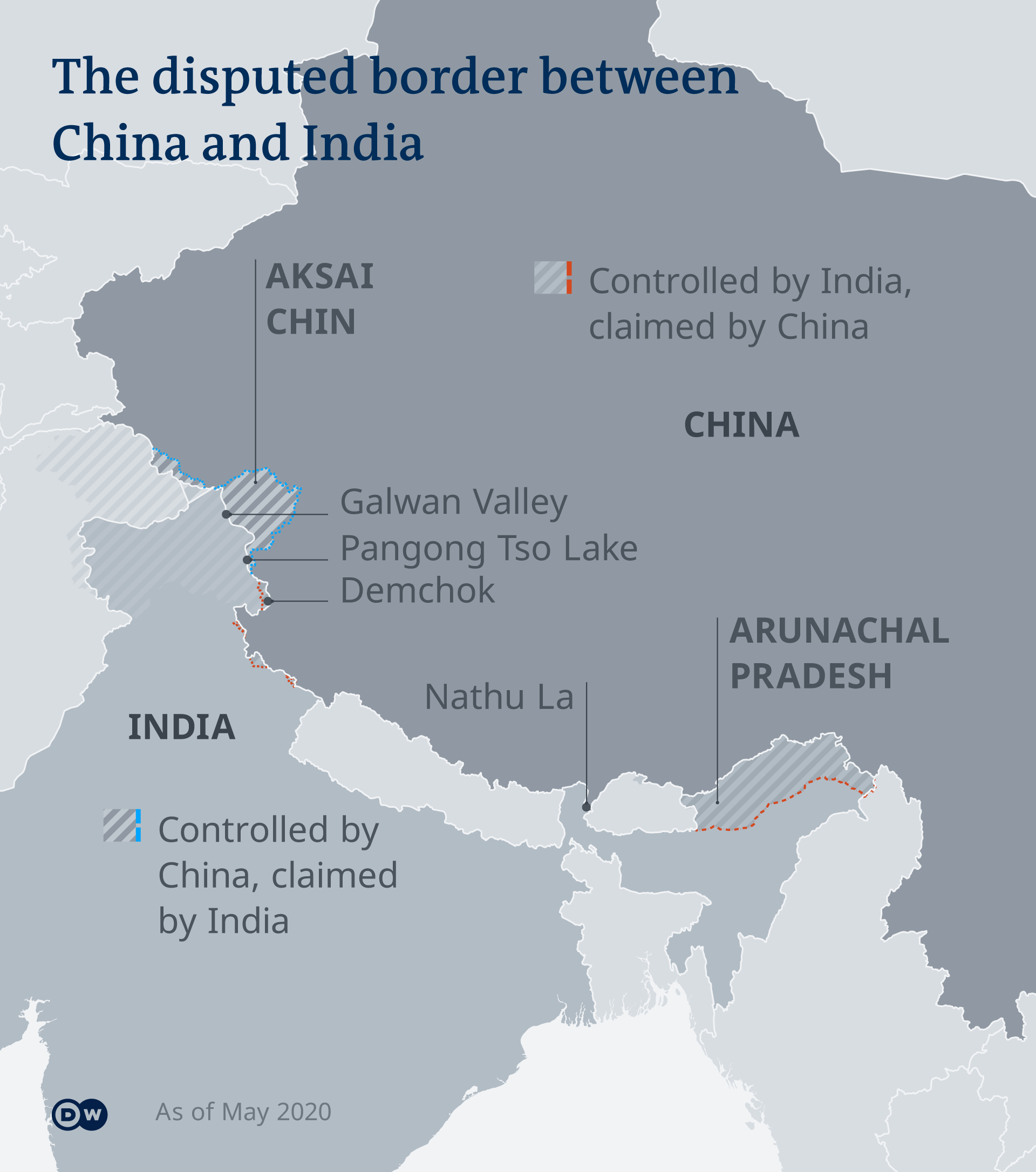 Infografik Umstrittener Grenzverlauf zwischen China und Indien EN Infografik Umstrittener Grenzverlauf zwischen China und Indien EN