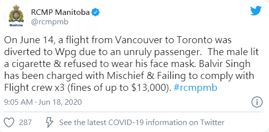 疯了! 加拿大大叔耍赖皮 YVR坐飞机不戴口罩 直接被捕 重罚5000刀!