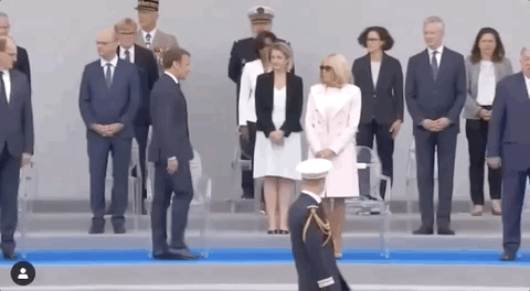 法第一夫人国庆日穿粉色亮相，67岁的颜17岁的腿，马克龙一脸骄傲