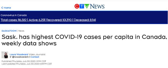 △加拿大电视7月30日报道萨斯喀彻温省目前按人口比例新冠感染病例最多