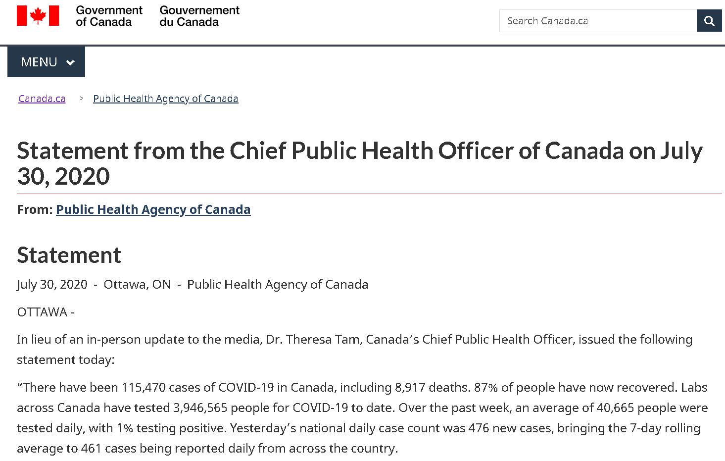 △加拿大联邦首席医疗官7月30日发表的全国新冠疫情的声明