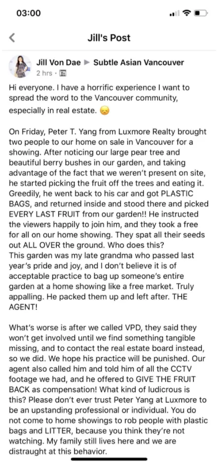 傻眼! 大温华人经纪带客人看豪宅 狂摘后院水果 边吃边吐皮 还打包带走...