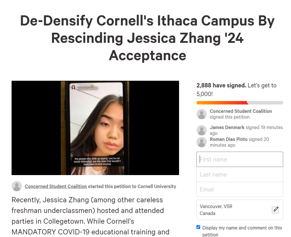惨! 康奈尔华人美女新生 遭同学请愿开除: 我是中国移民孩子 人生不能被毁