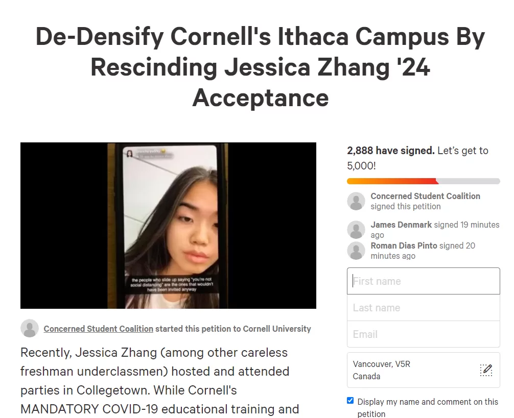 惨! 康奈尔华人美女新生 遭同学请愿开除: 我是中国移民孩子 人生不能被毁