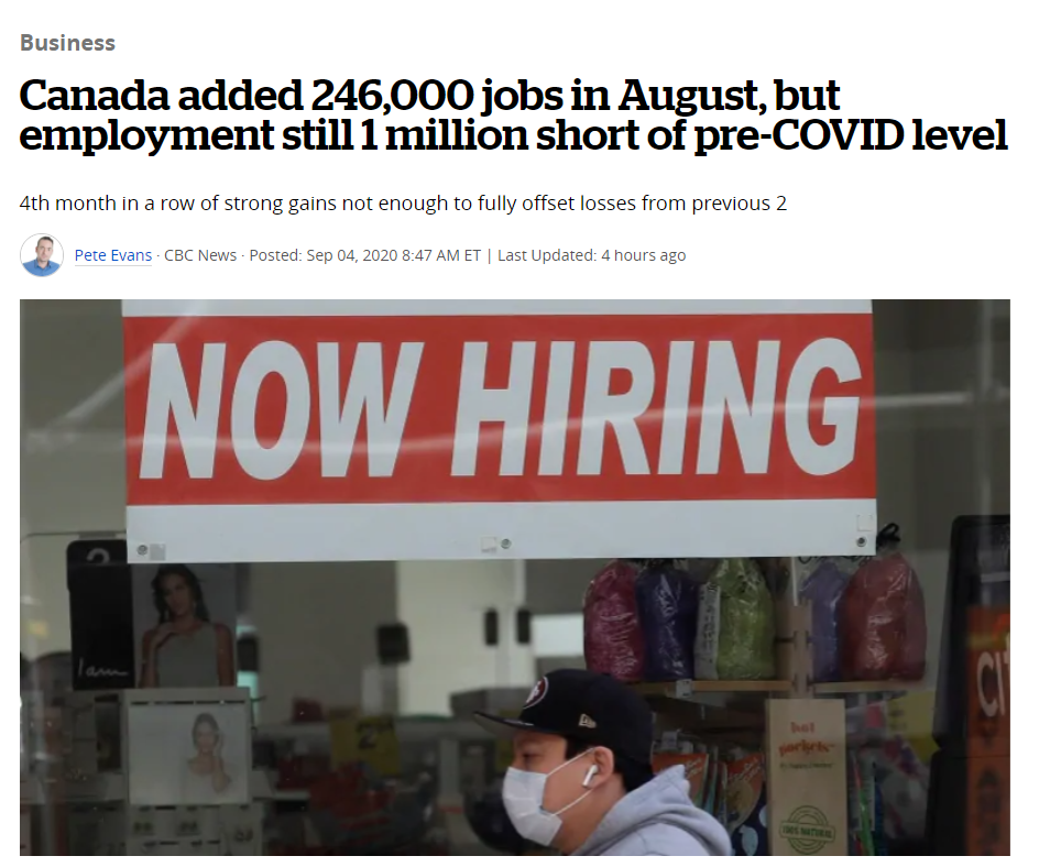 谨慎乐观! 加拿大8月份新增就业24.6万 失业率将至10.2%!