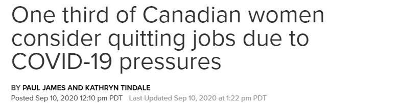 太难了! 三分之一加拿大女性想过离职 央行行长: 全国经济复苏缺少平衡!
