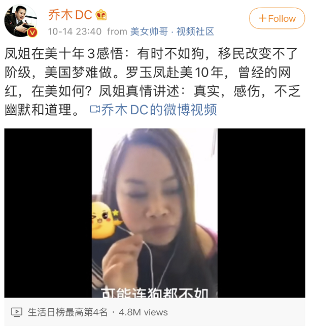 悲催! 华人网红凤姐哭诉: 在美10年人不如狗 嫁不出去 移民改变不了阶层!