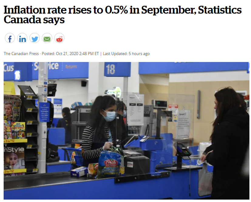 最新! 加拿大9月通货膨胀指标上升0.5% 零售业增长不如预期