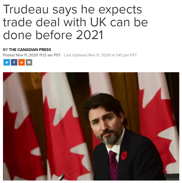 脱欧在即! 英国与多国贸易协定未谈妥 特鲁多: 2021年前搞定!