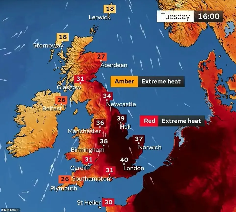 当地时间7月19日，英国高温创下纪录 图源：英国气象局