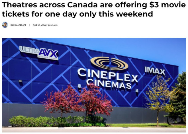 加拿大特价优惠：本周六全天看场电影只需$3元