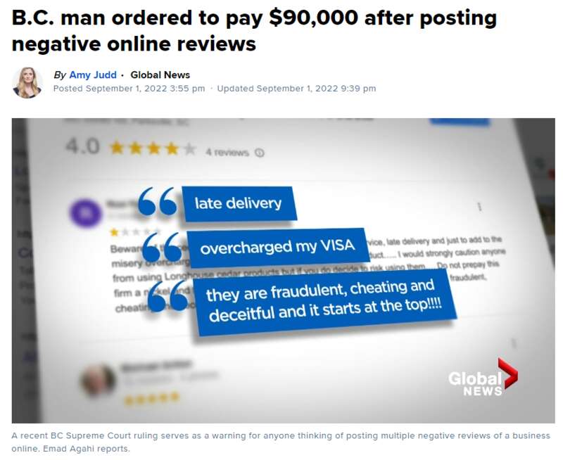 在网上写了两条差评,加拿大男子被判赔$9万!