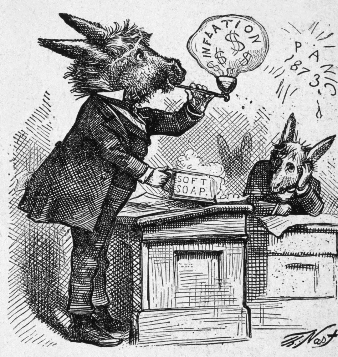 在这幅政治讽刺漫画中，一头驴代表着吹起金融泡沫的民主党国会议员。这幅漫画的标题是“好屁股委员会”(Fine-Ass Committee)。图源：盖蒂图片社