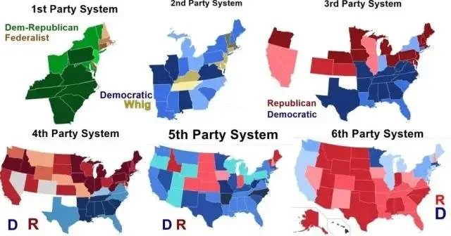 美国第一政党体系到第六政党体系的演变 。 图源 ：Wikipedia