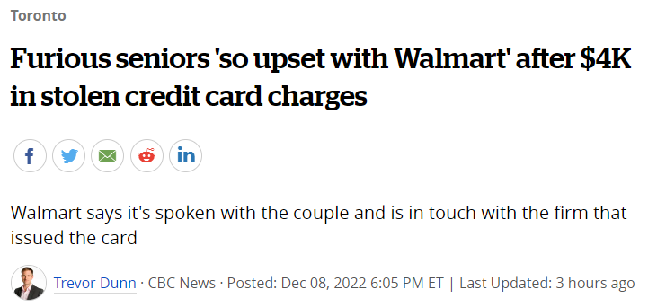 信用卡被盗刷16次 加国夫妇发誓:再不去沃尔玛