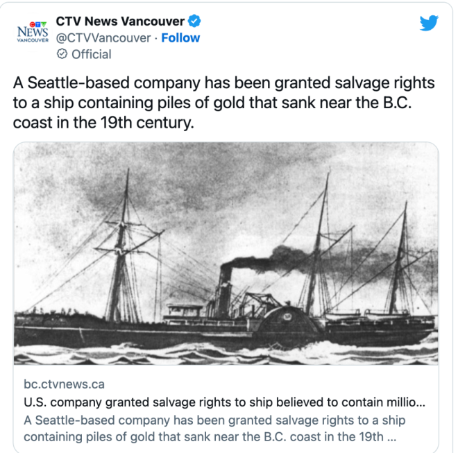 加拿大海域黄金沉船将开始打捞！船上载有41名中国劳工