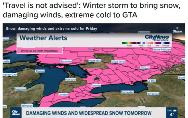 120公里大风50厘米大雪：警告安省魁省居民不要出门旅行