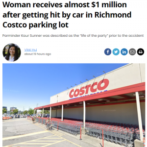 加拿大亚裔男子Costco停车场撞人，被判赔近100万巨额赔偿