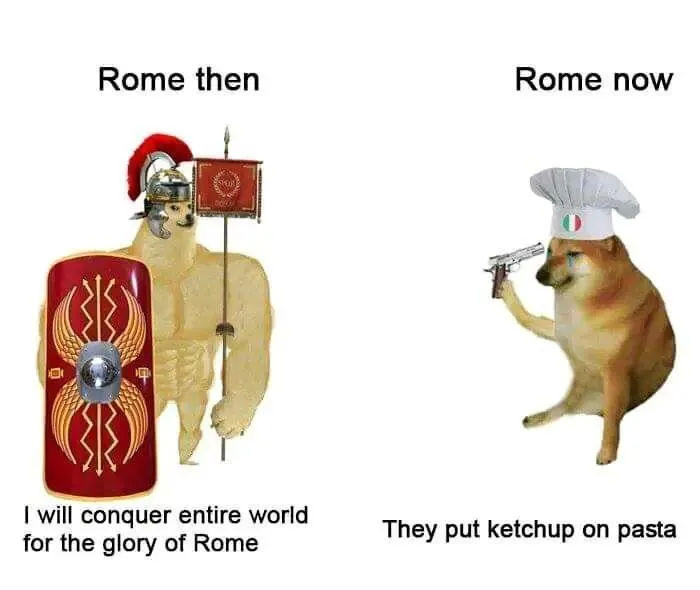 ● 曾经的罗马帝国：我要征服全世界；现在的罗马：他们在意面上加番茄酱！