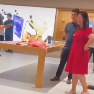 红裙女闯北京苹果专卖店怒砸iPhone 再背诵《满江红》