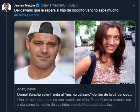 · 内格雷在社交账号上提到了法兰坡（左）及其妻子尤耶（右）。