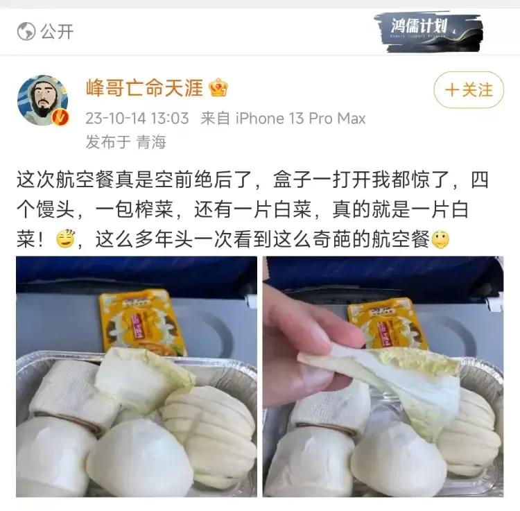 “峰哥亡命天涯”吐槽飞机餐是4个馒头。“峰哥亡命天涯”微博