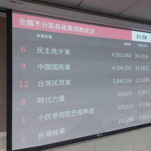 台总统大选有效票逾1404万票 投票率71％ 不分区剩绿蓝白