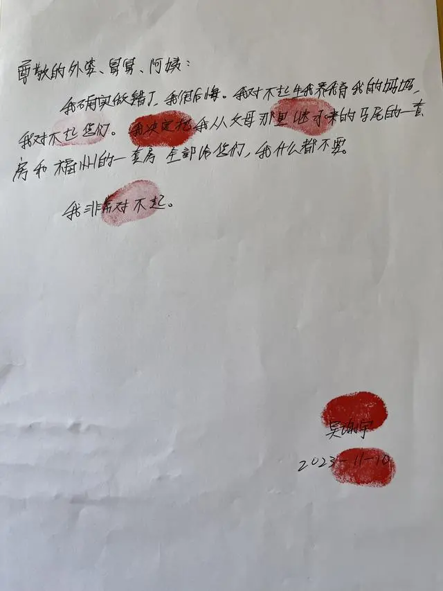 吴谢宇亲笔写给家人的道歉信
