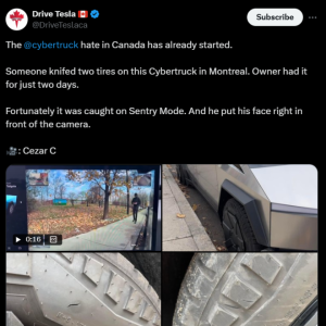 刚提车两天，加拿大Cybertruck前后轮全被扎！视频曝光引众怒