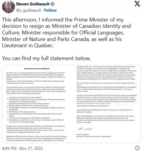 加拿大前环保部长辞职！特鲁多时代的气候政策宣告终结！