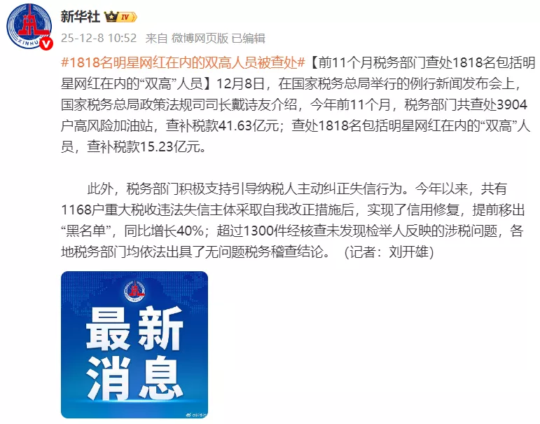 中国对明星网红“大查税” 1818人查补15.23亿