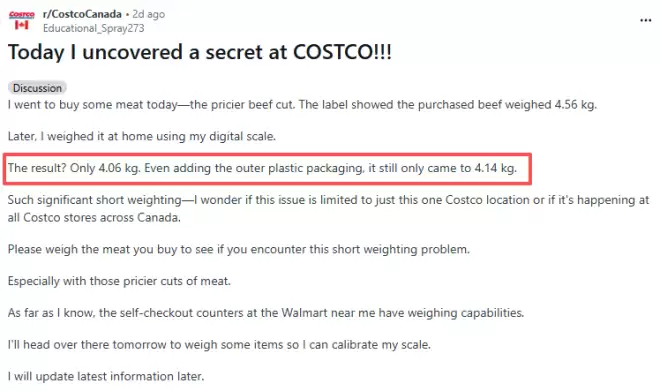 华人网友爆料: 在Costco买的牛肉, 回家一称, 傻眼了!