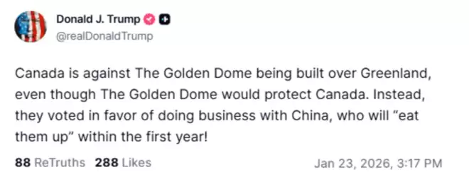 特朗普称加国与中国做生意，中国将在第一年内“吞掉”加拿大