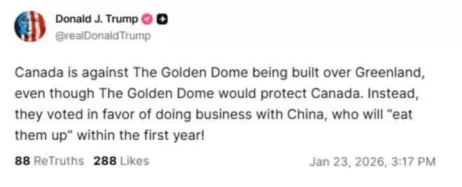 特朗普称加国与中国做生意，中国将在第一年内“吞掉”加拿大