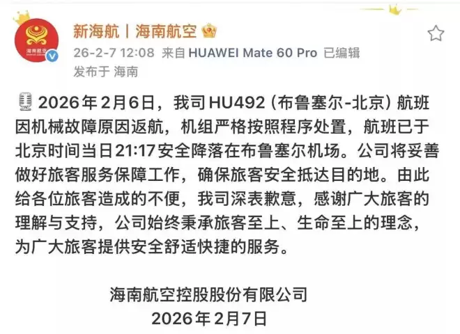 海航一航班因机械故障返航 乘客：希望顺利回家过年