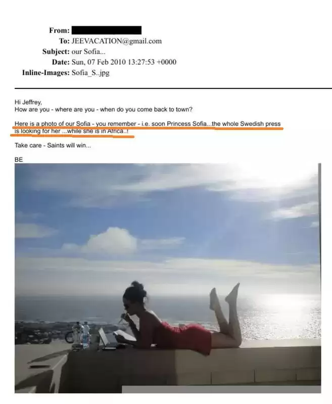 41岁瑞典王妃的赤足趴身照，现爱泼斯坦邮件中