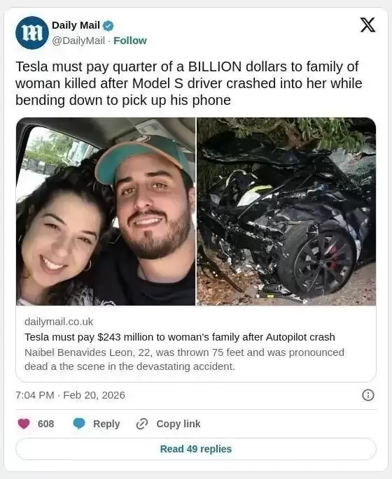 特斯拉Autopilot酿惨剧｜情侣遭撞一死一伤｜赔偿2.5亿美金