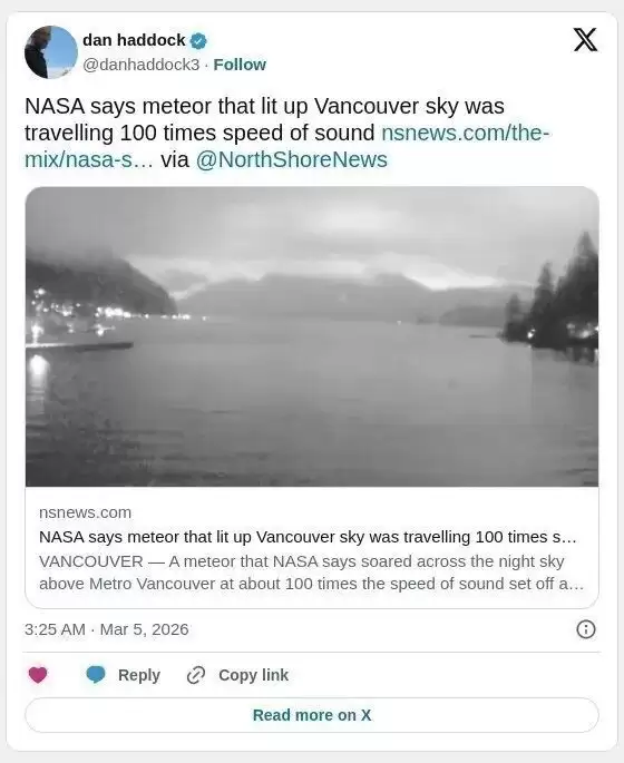 NASA：温哥华的陨石速度惊人，百倍音速