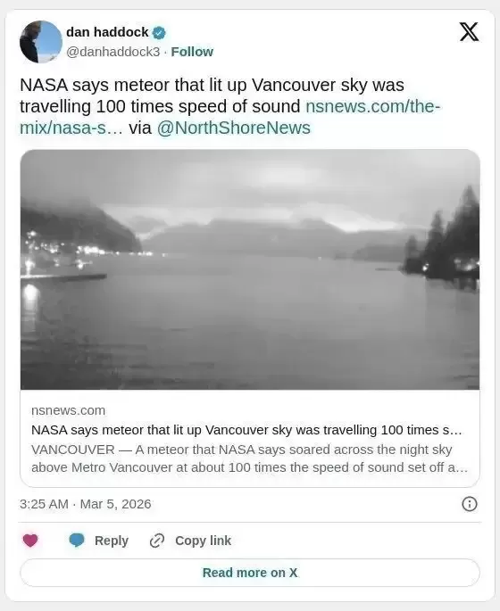 NASA：温哥华的陨石速度惊人，百倍音速
