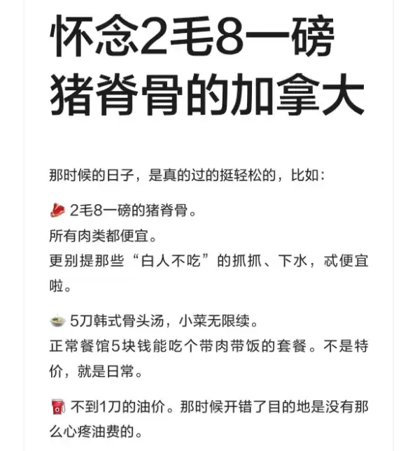 网友怀念2毛8一磅猪脊骨！20年前的加拿大油价、房价全赢