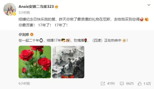 刘烨纪念结婚17周年 法国妻子安娜夸赞老公给她买空调