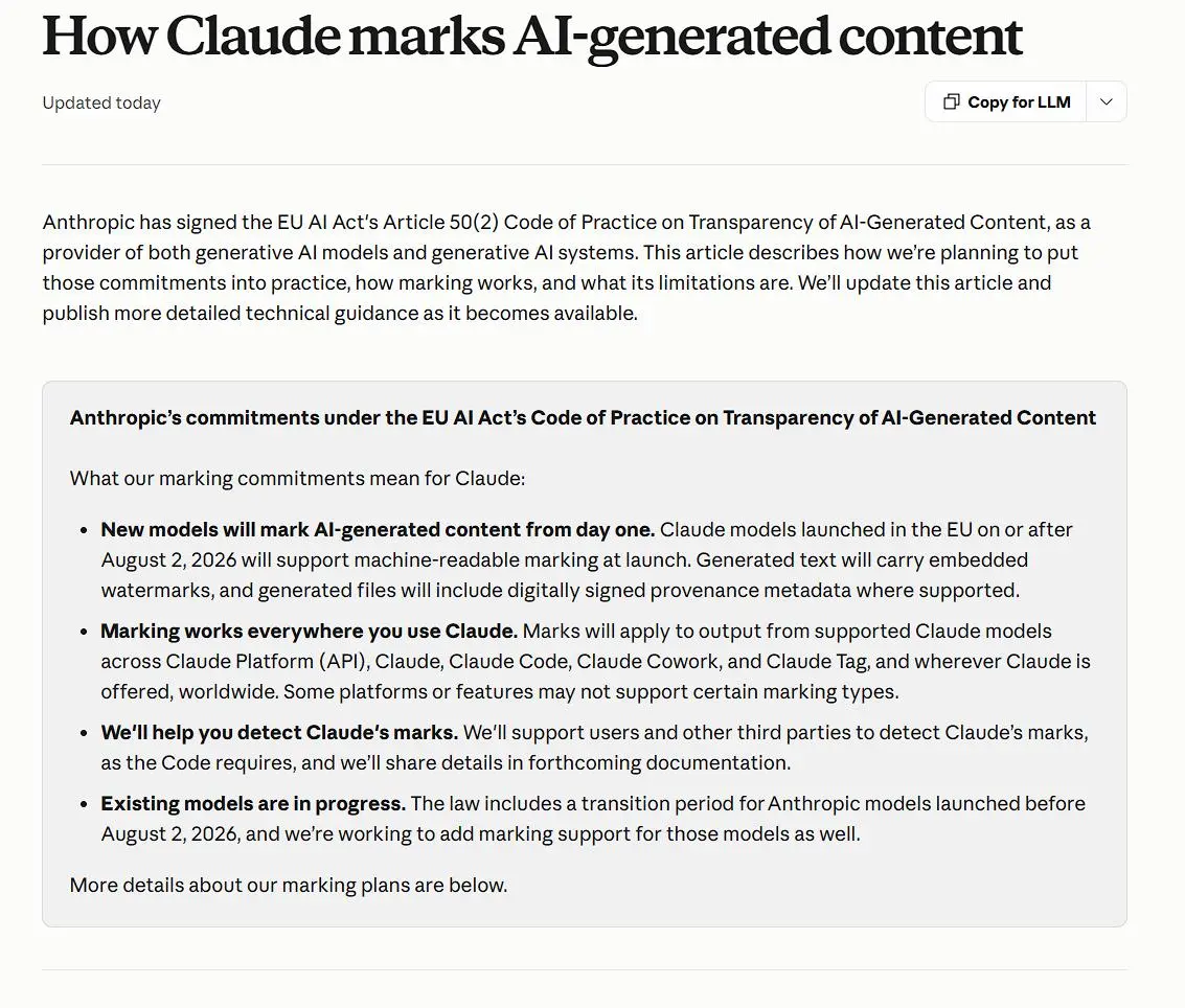 Anthropic宣布Claude生成内容将嵌入隐形水印，复制粘贴后仍可追踪